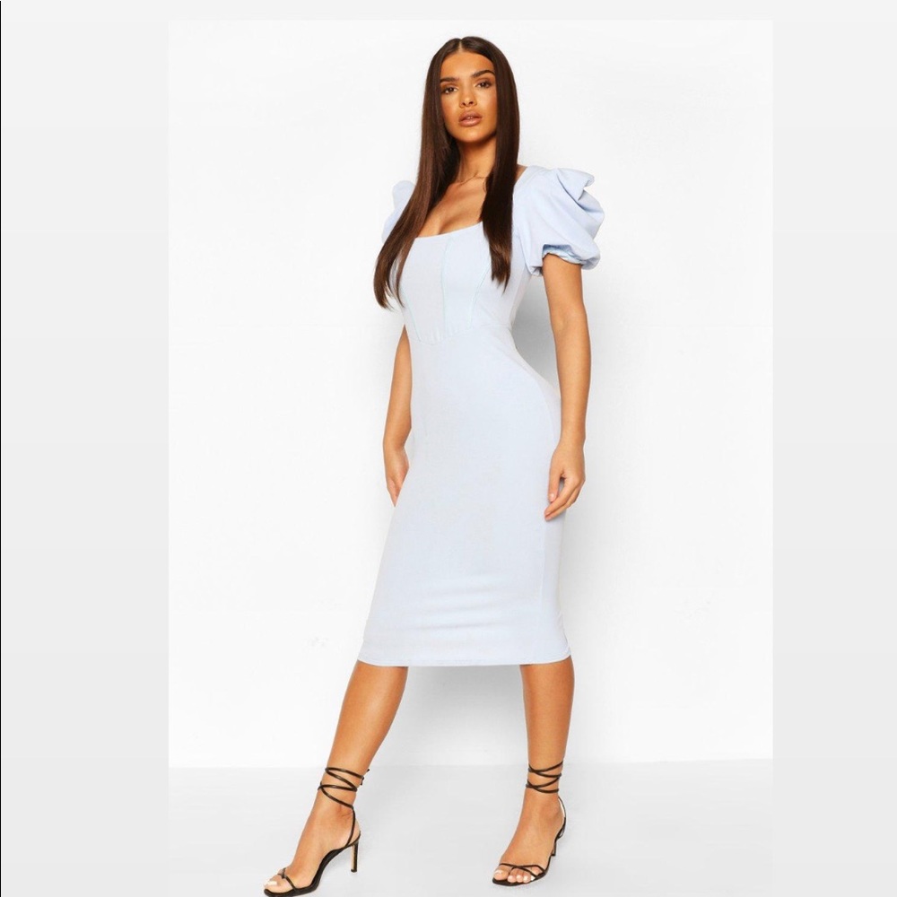 Boohoo Blue Corset Puff Sleeve Bodycon Midi Dress